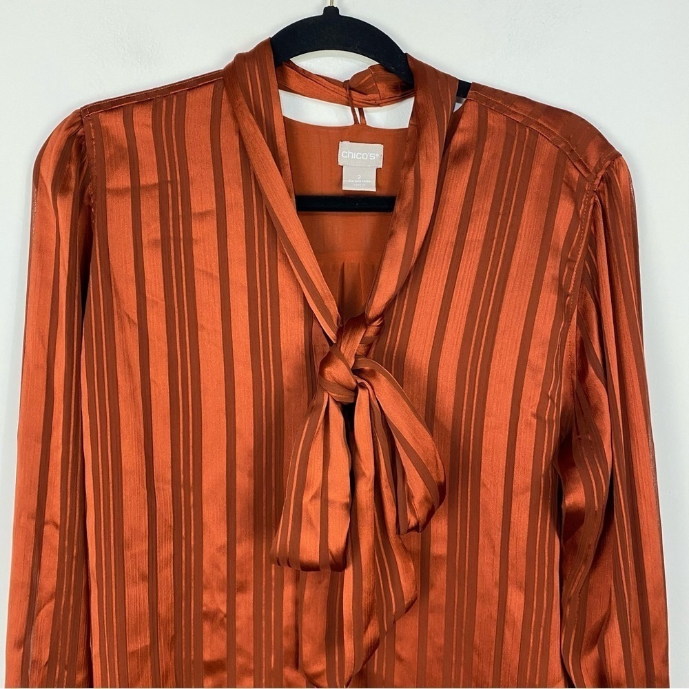 Chico's Orange Rust Button Down Bow Neckline Blou… - image 3